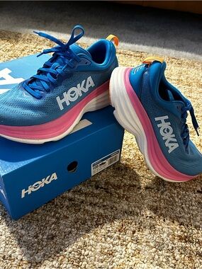 Hoka Women's Bondi 8 Blue with Pink & Orange Accent Cushion Running Shoes